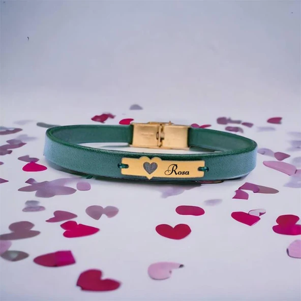 14 Ayar Altın Plakalı İsme Özel Kalp Motifli Doğal Yeşil Derili Hediye Bileklik-573 ürün görseli