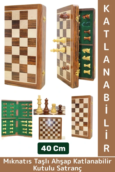 Premium Yüksek Kaliteli Özel Mıknatıs Taşlı Ahşap Katlanabilir Kutulu Satranç Takımı 40 Cm ürün görseli