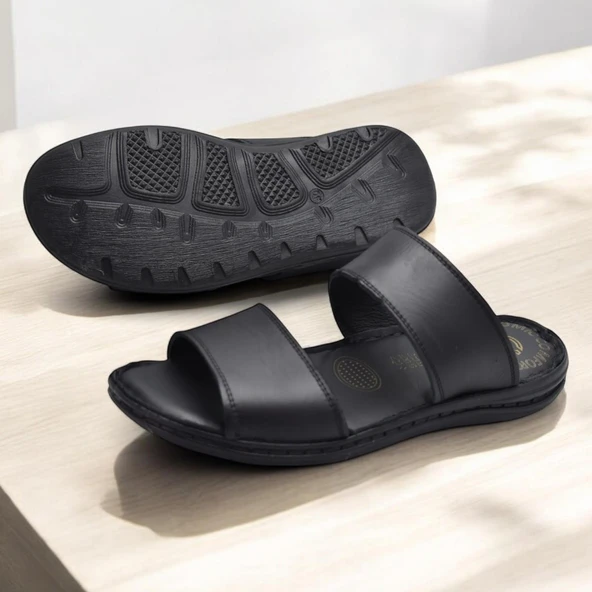 039 Günlük Ortopedik Taban  Hakiki Deri Erkek Terlik Puff Yumuşak İç Taban - 3