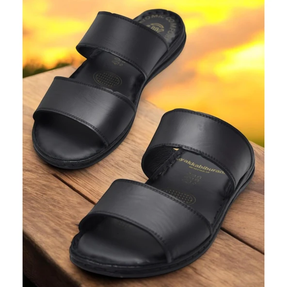 039 Günlük Ortopedik Taban  Hakiki Deri Erkek Terlik Puff Yumuşak İç Taban - 2