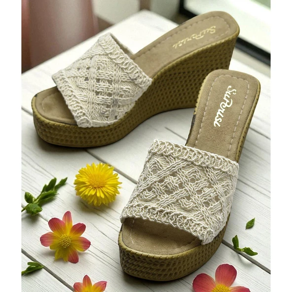 2503 10.5 cm Dolgu Topuklu Kadın Terlik Ayakkabı Düğün Nişan Abiye Kadın Ayakkabısı