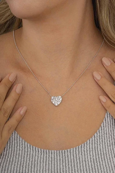 Gümüş Pazarım Baget Taşlı Top Zincirli Kalp Kadın Gümüş Kolye - Resim 3