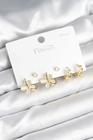 Kelebek Model Gold Renk Pirinç 925 Ayar Gümüş Çivili Kadın Küpe Seti - TJ-BKP11271 ürün görseli