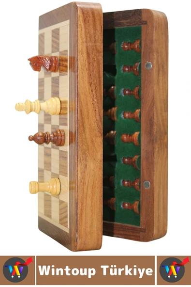 Premium Yüksek Kalite Özel Vernikli Mıknatıs Taşlı Ahşap Katlanabilir Kutulu Satranç Takımı 12.5 Cm - Resim 2