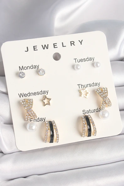 Pirinç Gold Renk Zirkon Taş Yıldız Detaylı İncili 7'Li Set Kadın Küpe Seti - TJ-BKP10320 ürün görseli