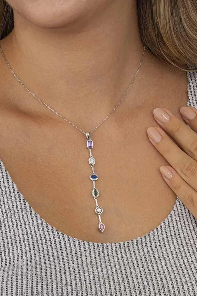 Gümüş Pazarım Renkli Taşlı Süzme Kadın Gümüş Kolye ürün görseli 1