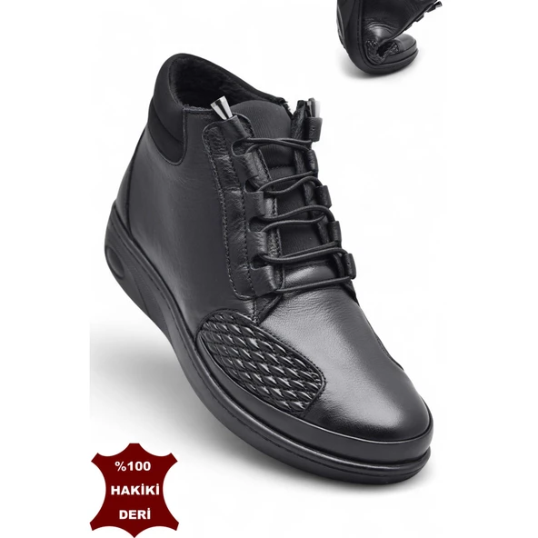 1454 Tam Ortopedik Siyah Hakiki Deri Kadın Bot Lastikli Fermuarlı Anne Kışlık Deri Bot