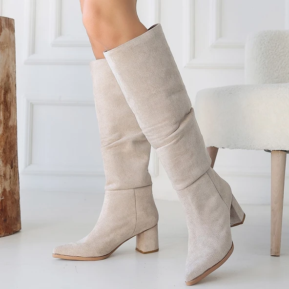 Pitay Bej Süet Topuklu Çizme - Resim 4