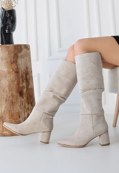 Pitay Bej Süet Topuklu Çizme - Resim 3