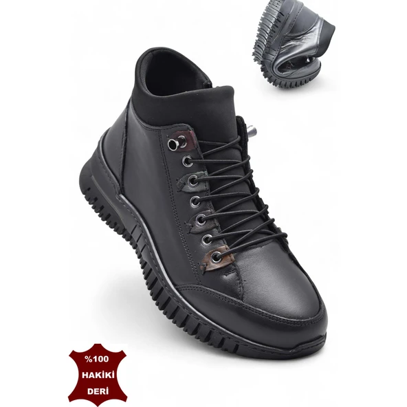 1988 Tam Ortopedik Siyah Hakiki Deri Kadın Bot Lastikli Fermuarlı Kışlık Anne Deri Bot