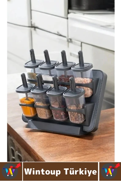 Premium Mutfak Tezgah Üstü Duvara Monte Edilebilir Standlı Çok Şık Kaşıklı Baharatlık 8 Parça 350 ML - Resim 4