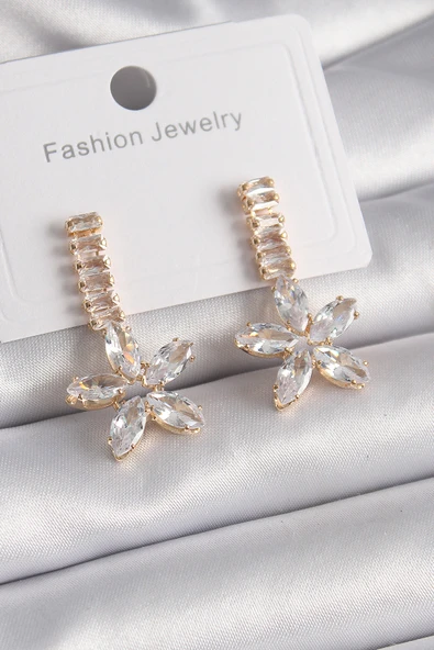 Pirinç Gold Renk Su Yolu Zirkon Taşlı Çiçek Model Kadın Küpe - TJ-BKP9616 ürün görseli