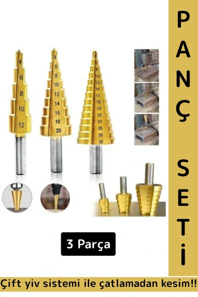 Premium Dayanıklı Çift Yiv Sistemli Çatlamadan Kesim Sac Delme Kademeli Matkap Ucu Panç Seti 3 Parça