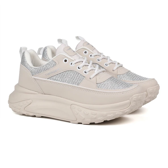 Kadın Kalın Tabanlı Bej Parlak Sneaker Spor Ayakkabı – Rahat, Şık ve Günlük Kullanıma Uygun - 10
