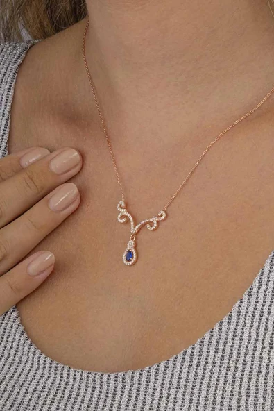 Gümüş Pazarım Safir Renkli Damla Kesim Su Yolu Kadın Gümüş Kolye - Resim 3