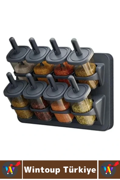 Premium Mutfak Tezgah Üstü Duvara Monte Edilebilir Standlı Çok Şık Kaşıklı Baharatlık 8 Parça 350 ML - Resim 5