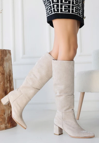 Pitay Bej Süet Topuklu Çizme - Resim 2
