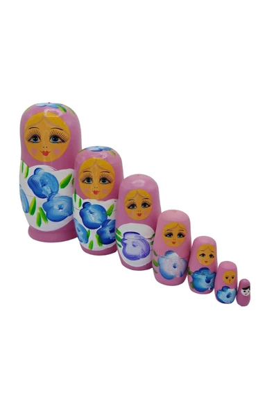 Ahşap Matruşka Bebek Yedili Set Gül Pembe - 7