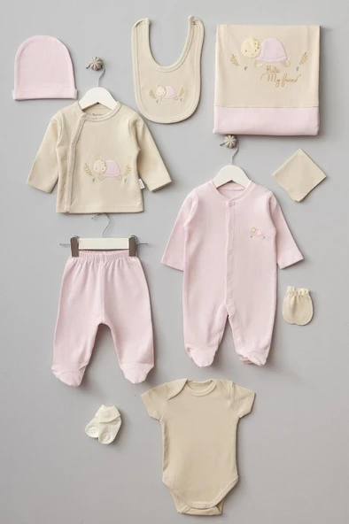 Bebitof %100 Pamuk Kaplumbağa Desenli 10 Parça Kutulu Yenidoğan Hastane Çıkısı Seti Pembe BBTF-PMB-10077 - 9