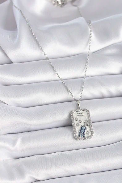 316L Çelik Gümüş Renk Zincir Kova Burcu Zirkon Taşlı Kadın Kolye - Resim 2