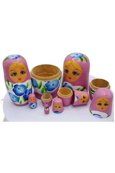 Ahşap Matruşka Bebek Yedili Set Gül Pembe - 9