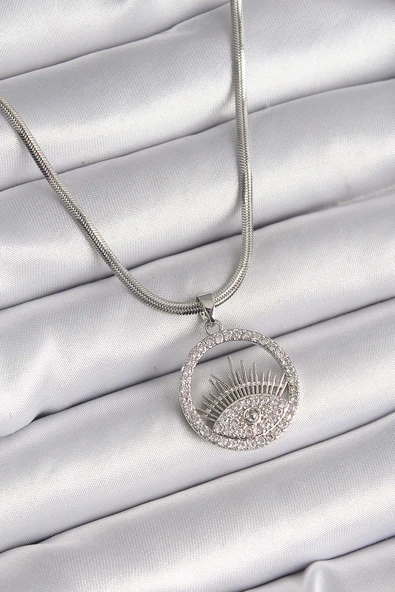 316L Çelik Gümüş Renk İtalyan Zincir Zirkon Taşlı Göz Model Kadın Kolye ürün görseli 1