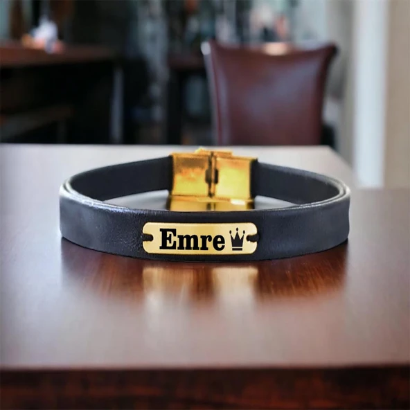 14 Ayar Altın Plakalı İsme Özel Taç Figürlü Doğal Siyah Derili Hediye Bileklik-581 ürün görseli