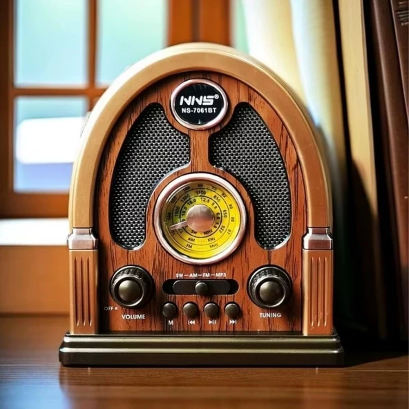 Orta Boy Kubbe Model Retro Ahşap Tasarım Bluetooth Hoparlörlü Radyo – FM/AM Destekli, Şarjlı ve Taşınabilir Radyo NS-7061 (5250)
