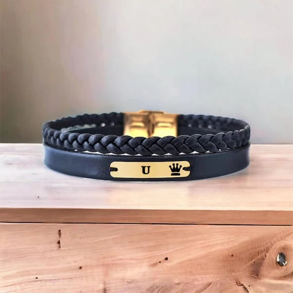 14 Ayar Altın Plakalı Harfe Özel Hakiki Siyah Derili Taç Motifli Hediye Bileklik-580 ürün görseli