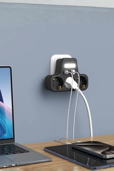 akım korumalı priz gece lambalı 3'LÜ Priz 2XUSB 2XType-C Çıkışlı Grup Priz Çoğaltıcı - 5