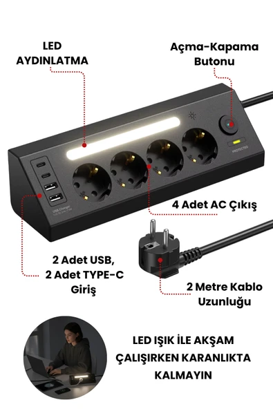 Akım korumalı priz 4'LÜ Priz 2X-usb 2X,-ype-C Çıkışlı Grup Priz Çoğaltıcı PRO-LP764 - 6