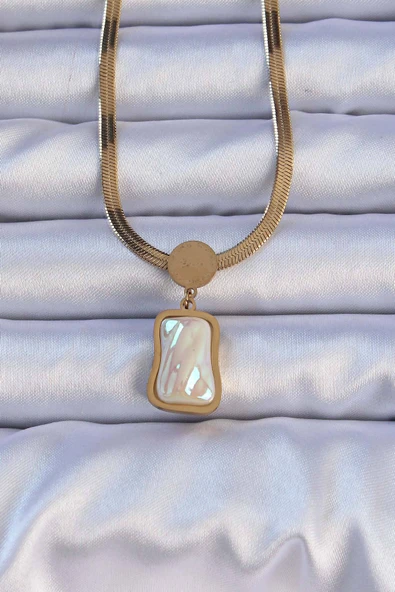 316L Çelik Gold Renk İtalyan Zincir Ezme Taşlı Kolye ürün görseli 1