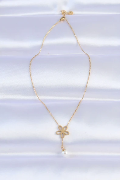 316L Çelik Zincir Gold Renk İnci Detay Çiçek Kolye - 2