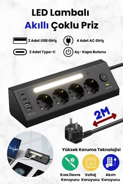 Akım korumalı priz 4'LÜ Priz 2X-usb 2X,-ype-C Çıkışlı Grup Priz Çoğaltıcı PRO-LP764
