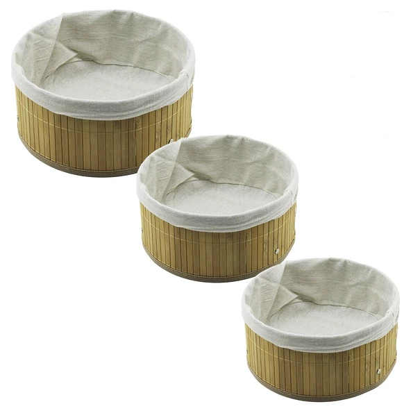 3 BOY YUVARLAK BAMBU KENAR ORGANİZER SEPET AHŞAP ALTLIK - BEZLİ 21X25X28CM (5250) - 1