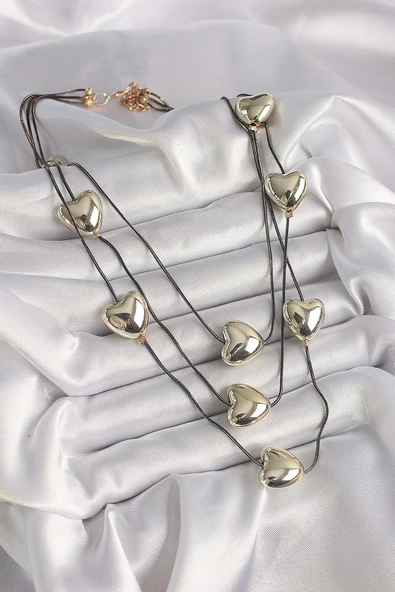 Pirinç Füme Renk Zincir 3D Gold Renk Kalp Model Kadın Kolye - Resim 2