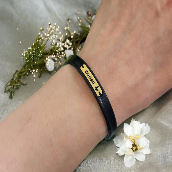 14 Ayar Altın Plakalı İsme Özel Kelebek Motifli Doğal Siyah Derili Hediye Bileklik-578 - Resim 2