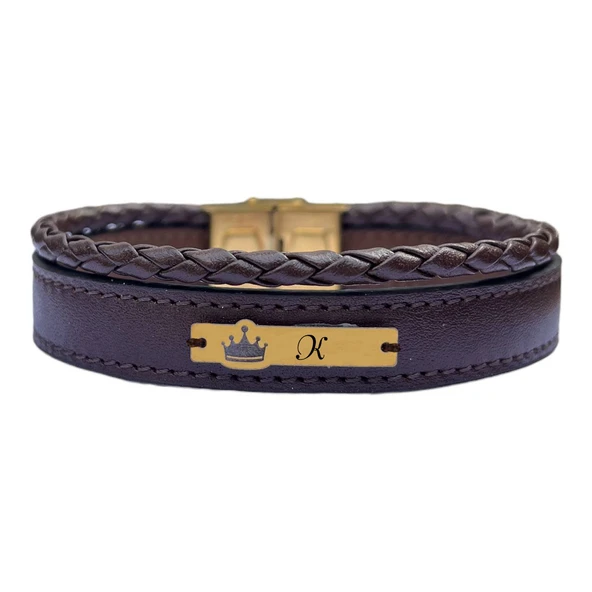 14 Ayar Altın Plakalı Harfe Özel Hakiki Kahverengi Derili Taç Motifli Hediye Bileklik-575 ürün görseli