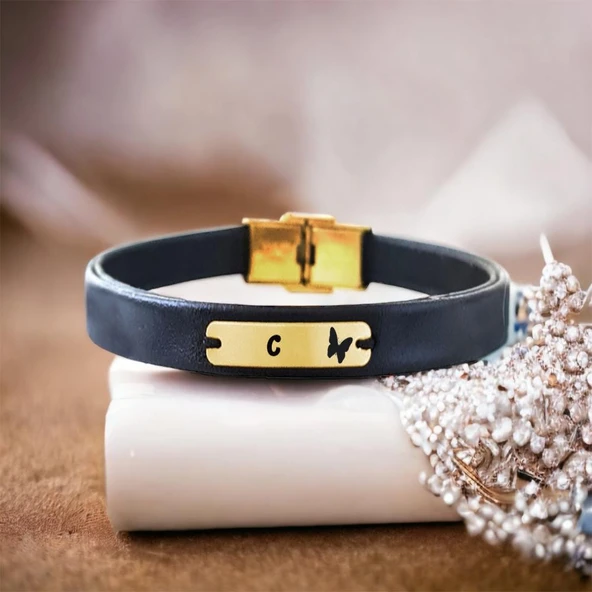 14 Ayar Altın Plakalı Harfe Özel Doğal Siyah Derili Kelebek Motifli Hediye Bileklik-578 ürün görseli