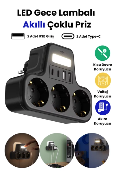 akım korumalı priz gece lambalı 3'LÜ Priz 2XUSB 2XType-C Çıkışlı Grup Priz Çoğaltıcı - 1