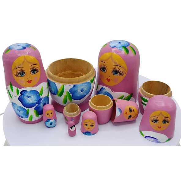 Ahşap Matruşka Bebek Yedili Set Gül Pembe - 4