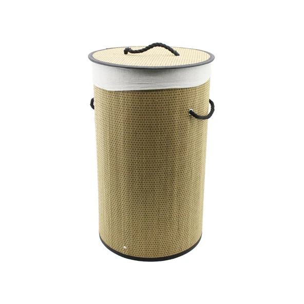 YUVARLAK HASIR - AHŞAP KİRLİ ÇAMAŞIR SEPETİ 37X60CM SEYYAR KAPAKLI İÇİ BEZLİ İP KULPLU (5250)