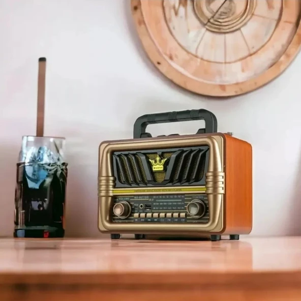 Büyük Boy Telefon Tutma Saplı Retro Ahşap Tasarım Bluetooth Hoparlörlü Radyo – FM/AM Destekli, Şarjlı ve Taşınabilir Radyo NS-8077 (5250) - 5