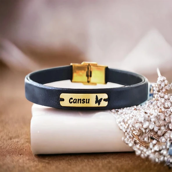 14 Ayar Altın Plakalı İsme Özel Kelebek Motifli Doğal Siyah Derili Hediye Bileklik-578 ürün görseli