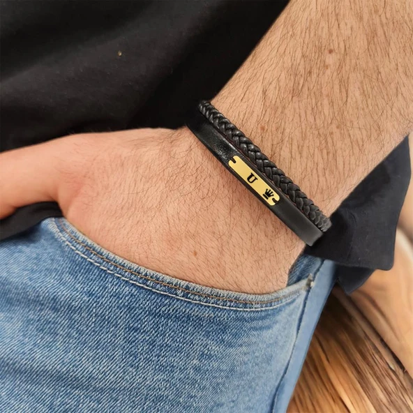 14 Ayar Altın Plakalı Harfe Özel Hakiki Siyah Derili Taç Motifli Hediye Bileklik-580 - Resim 2