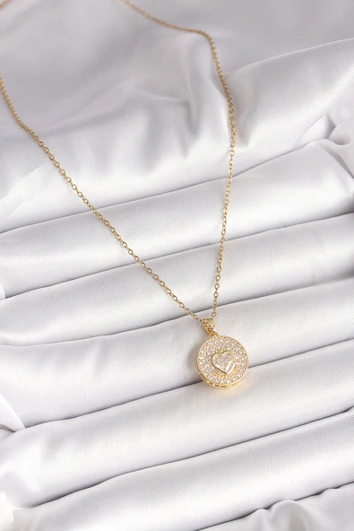 316L Çelik Gold Renk Zincir Madalyon Zirkon Taşlı Kalp Model Kadın Kolye - Resim 2
