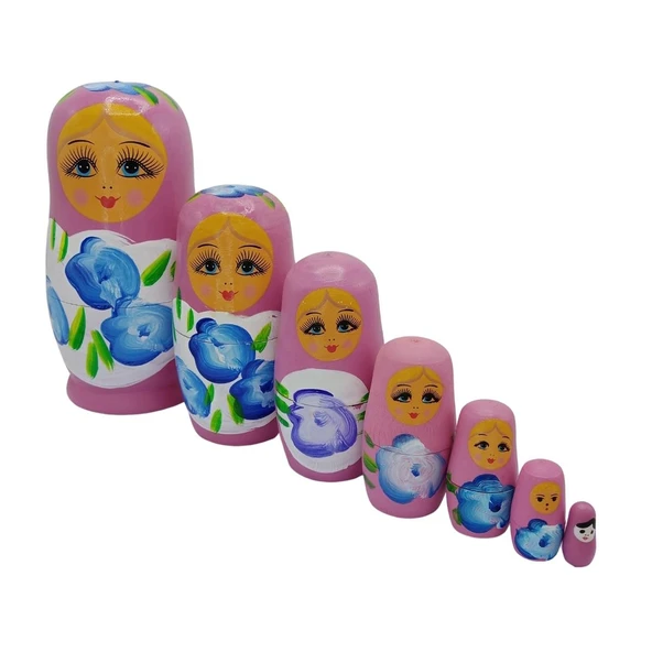 Ahşap Matruşka Bebek Yedili Set Gül Pembe - 2
