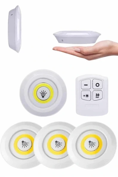 Yapışkanlı 3'lü Spot Led Işık Lamba Montajsız Pilli Uzaktan Kumandalı - 4