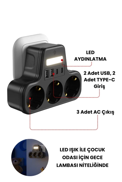 akım korumalı priz gece lambalı 3'LÜ Priz 2XUSB 2XType-C Çıkışlı Grup Priz Çoğaltıcı - 2