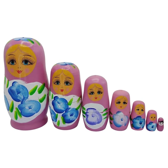 Ahşap Matruşka Bebek Yedili Set Gül Pembe - 5